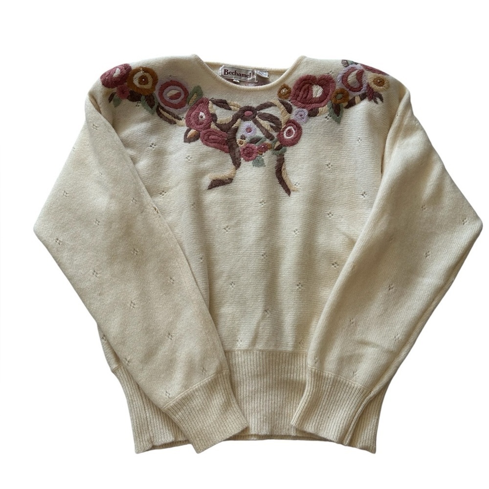 Vintage Bechamel Floral Embroidered Cream Lambswool Sweater Size L